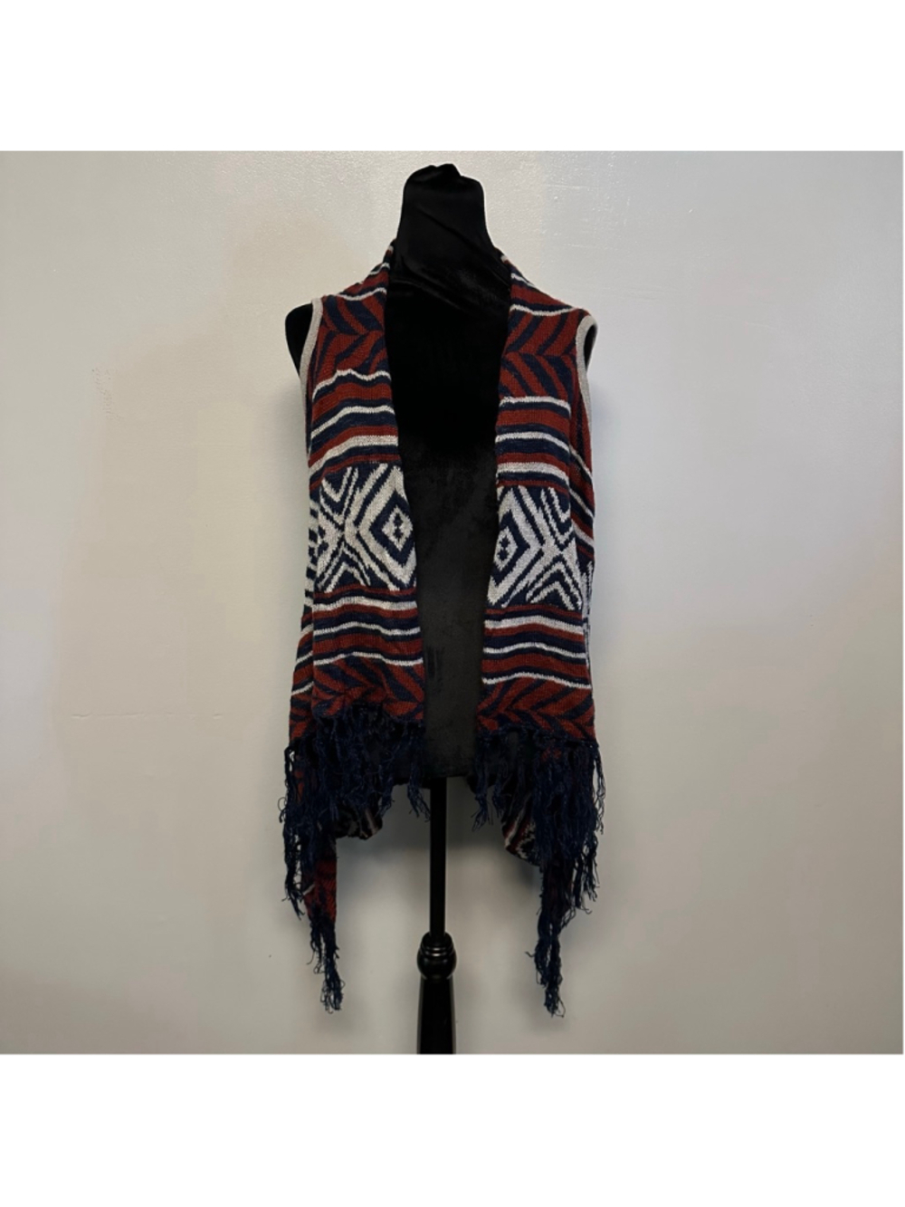 Hippie Rose Shrug cardigan size XS Red Navy Aztec Fringe boho
